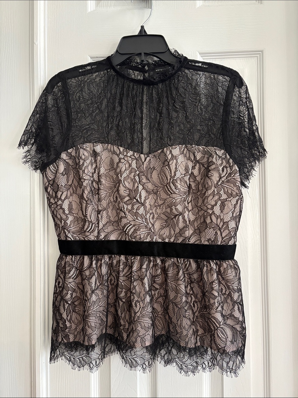 White House Black Market Black Lace Overlay Top Elegant Sheer cocktail blouse